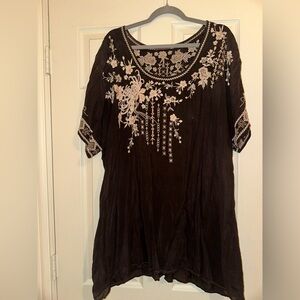 Johnny Was Black & Gray Cupra Short Sleeve Floral Embroidery Dress
